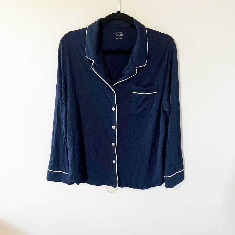 Cozy Earth Navy Blue Bamboo Long Sleeve Pajama Top‎ White Piping Size M